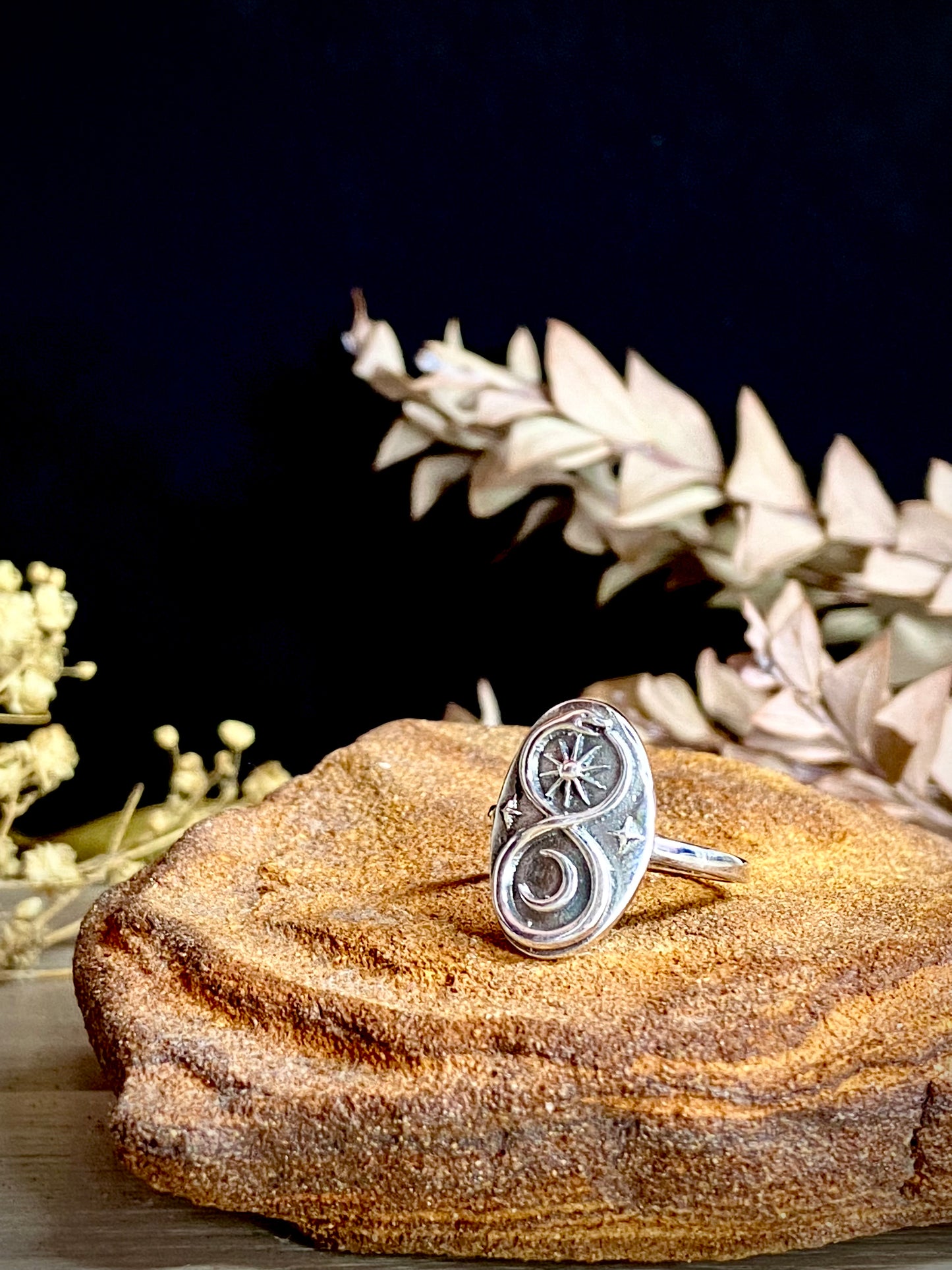 Infinity snake, star, crescent moon ring